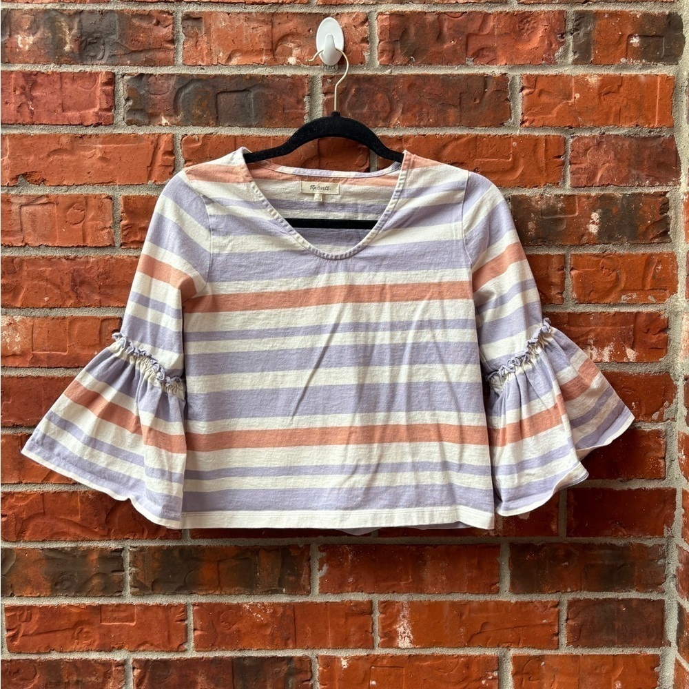 Madewell Womens Large Stripe Cream Bell Flare Sleeve Crop Top